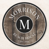 Dessous-de-verre Rond En Papier Monogramme Nom de famille initial Rustic Wood (Devant)