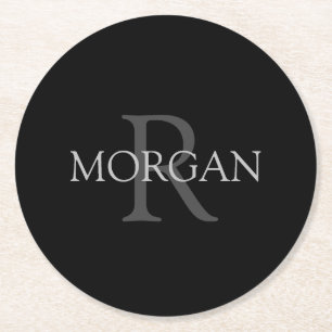 Dessous-de-verre Rond En Papier Monogramme & nom DIY, tendance noir avec texte gri