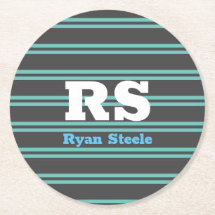 Dessous-de-verre Rond En Papier Monogramme & nom en gras, Lt Turquoise Lines sur g