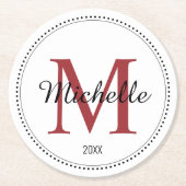 Dessous-de-verre Rond En Papier Monogramme personnalisé rouge (Devant)