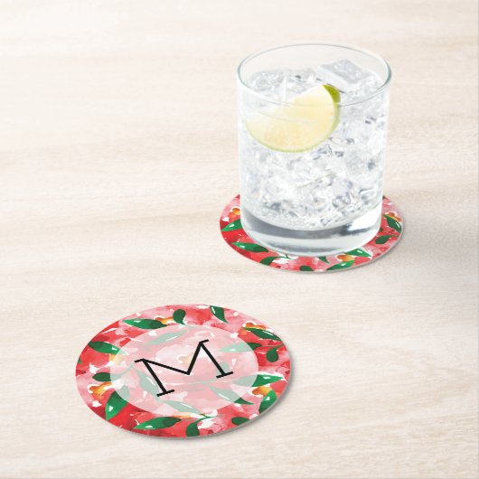 Dessous-de-verre Rond En Papier Monogramme Roses rouges (En situation)