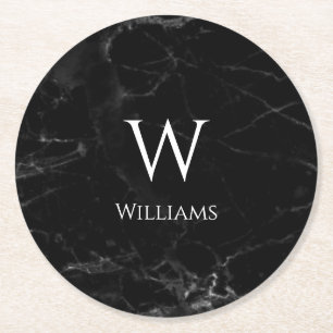 Dessous-de-verre Rond En Papier Monogramme sur marbre noir Elégant Nom blanc moder