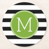 Dessous-de-verre Rond En Papier Monogramme vert Motif rayé noir et blanc (Devant)