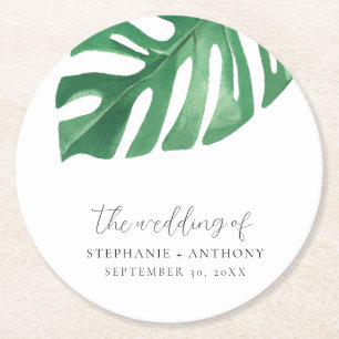 Dessous-de-verre Rond En Papier Monstère tropicale verte Feuille Mariage d'été