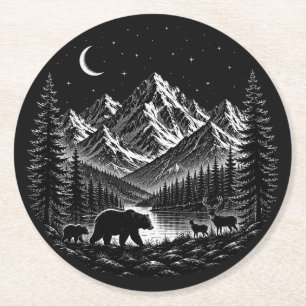 Dessous-de-verre Rond En Papier Montagne Mystique Nuit de Style Linogravure Sauvag