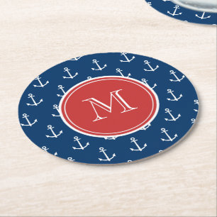 Dessous-de-verre Rond En Papier Motif blanc d'Ancres de bleu marine, monogramme