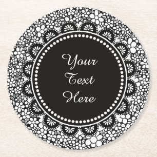 Dessous-de-verre Rond En Papier Motif de fleur noir et blanc dessiné à la main sur