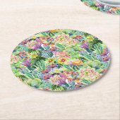 Dessous-de-verre Rond En Papier Motif de floraison exotique de cactus d'aquarelle (Incliné)