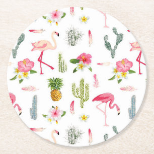 Dessous-de-verre Rond En Papier Motif de ketmie d'ananas de cactus de Flamant rose
