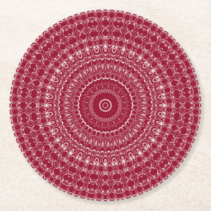 Dessous-de-verre Rond En Papier Motif de mandala complexe bordeaux et blanc
