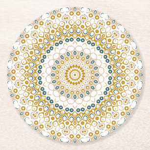 Dessous-de-verre Rond En Papier Motif de mandala géométrique doré et vert