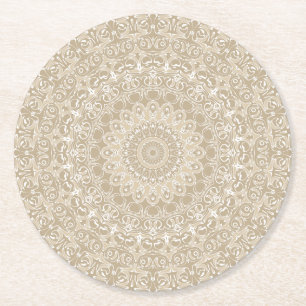 Dessous-de-verre Rond En Papier Motif de mandala ornemental kaki et blanc