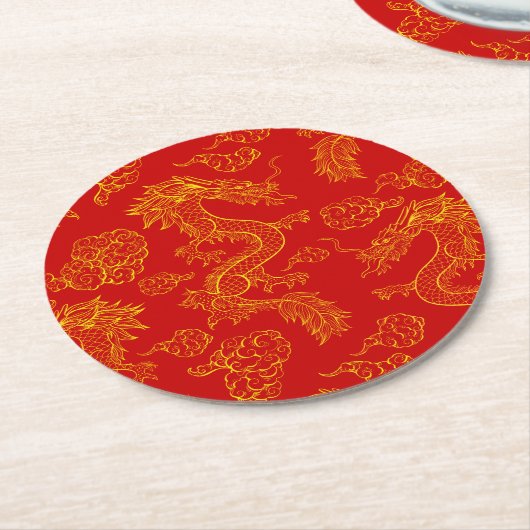 Dessous-de-verre Rond En Papier Motif Dragon Oriental Or et Rouge (Incliné)