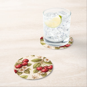 Dessous-de-verre Rond En Papier Motif Fleur de Cerisier Vintage Cerises Rouges