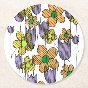 Dessous-de-verre Rond En Papier Motif Floral Rétro Années 70 Fête Coas