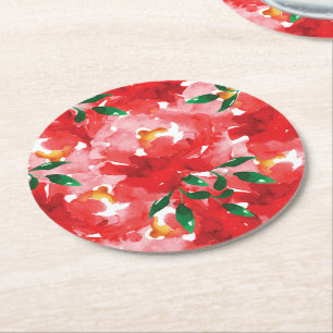 Dessous-de-verre Rond En Papier Motif Floral Roses Rouges