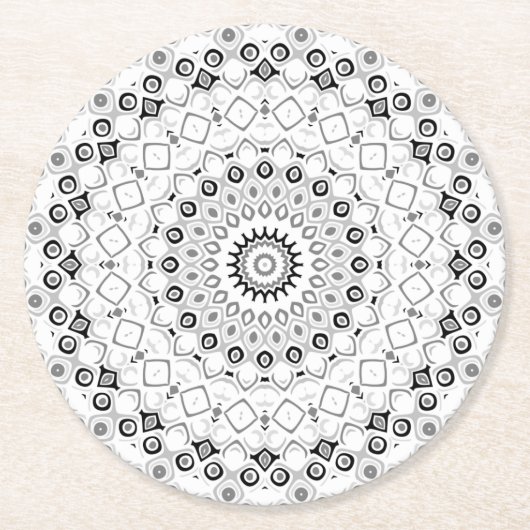 Dessous-de-verre Rond En Papier Motif Mandala géométrique noir et blanc (Devant)