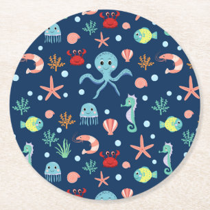 Dessous-de-verre Rond En Papier Motif mignon de vie marine de l'océan