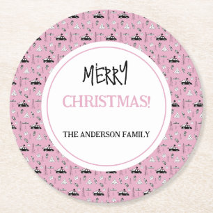 Dessous-de-verre Rond En Papier Motif moderne de Noël noir et blanc sur fond rose