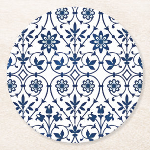 Dessous-de-verre Rond En Papier Motif orné bleu marine sur blanc