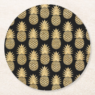 Dessous-de-verre Rond En Papier Motif tropical élégant d'ananas de noir et d'or