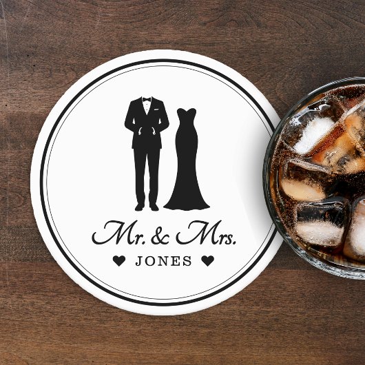 Dessous-de-verre Rond En Papier Mr & Mrs Wedding Dress Tuxedo Newlywed Couple