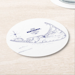 Dessous-de-verre Rond En Papier Nantucket Island MA Carte Vintage Marine Blue