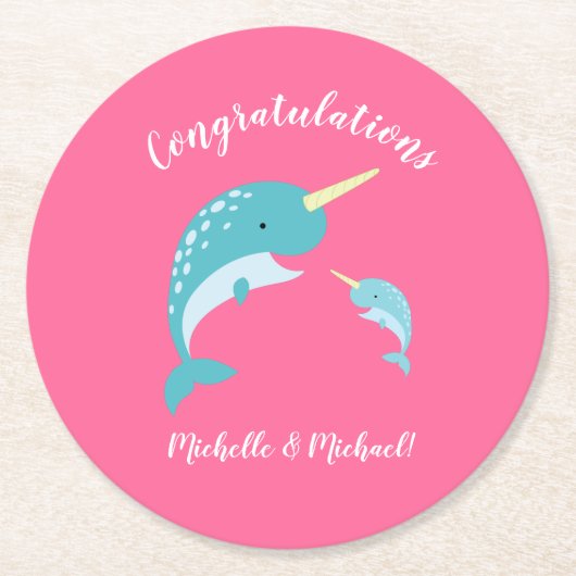 Dessous-de-verre Rond En Papier Narwhal Baby shower Rose fille mignonne (Devant)