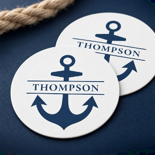 Dessous-de-verre Rond En Papier Nautical Navy Blue Anchor Custom Monogram Name