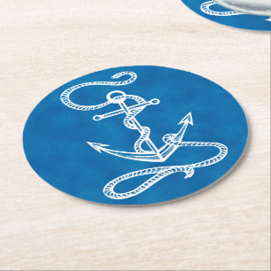 Dessous-de-verre Rond En Papier Nautical Navy Blue & White Ship Ancre Beach Party
