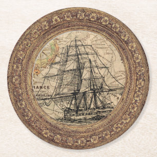 Dessous-de-verre Rond En Papier Navire Ancien et Carte