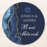Dessous-de-verre Rond En Papier Navy Blue Gold B'nai Mitzvah Elegant Party<br><div class="desc">L'élégante agate bleu marine et or orne ce dessous de verre de papier du parti B'nai Mitzvah pour une famille juive célébrant l'appel de leur enfant à la Torah. Les deux noms sont écrits dans une belle écriture formelle sous l'Étoile de David pour une célébration conjointe.</div>