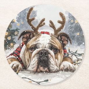 Dessous-de-verre Rond En Papier Noël anglais Bulldog Reindeer