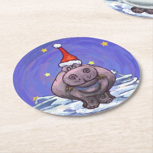 Dessous-de-verre Rond En Papier Noël Hippopotame (Incliné)