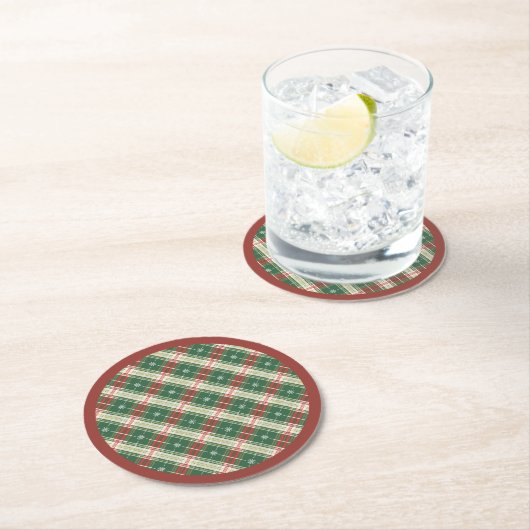 Dessous-de-verre Rond En Papier Noël Plaid vert, blanc avec rouge (En situation)