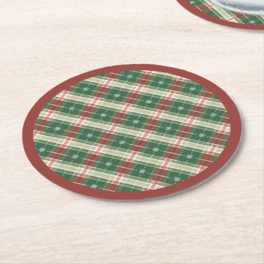 Dessous-de-verre Rond En Papier Noël Plaid vert, blanc avec rouge (Incliné)