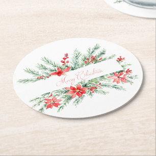 Dessous-de-verre Rond En Papier Noël poinsettia aquarelle et verdure