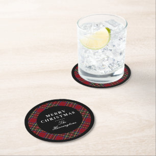 Dessous-de-verre Rond En Papier Noël Tartan Rouge Élégant 