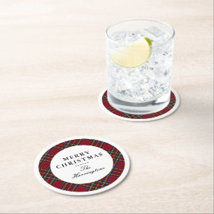 Dessous-de-verre Rond En Papier Noël Tartan Rouge Élégant