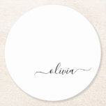 Dessous-de-verre Rond En Papier Noir Blanc moderne Script Girl Monogramme Nom<br><div class="desc">Dessous de verre en papier de nom Monogramme simple noir et blanc. Cela fait le cadeau parfait de remise de diplômes,  anniversaire,  mariage,  douche nuptiale,  anniversaire,  baby shower ou bachelorette pour quelqu'un qui aime le luxe glam et les styles chic.</div>