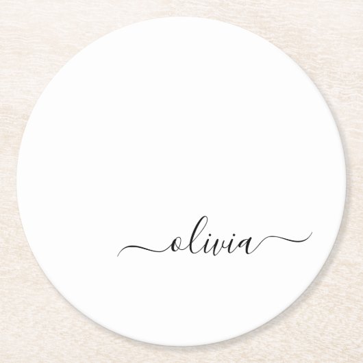 Dessous-de-verre Rond En Papier Noir Blanc moderne Script Girl Monogramme Nom (Devant)