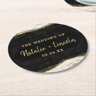 Dessous-de-verre Rond En Papier Noir Blanc & Or Géode Agis Slice Monogramme
