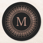 Dessous-de-verre Rond En Papier Noir & Faux Rose Or Élégant Monogramme initial (Devant)