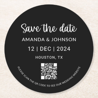 Dessous-de-verre Rond En Papier Noir minimaliste mariage Enregistrer la date QR Co