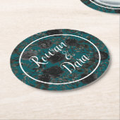 Dessous-de-verre Rond En Papier Noir Turquoise Rose gothique Elégant Mariage (Incliné)