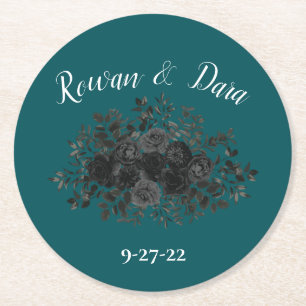 Dessous-de-verre Rond En Papier Noir Turquoise Rose gothique Elégant Mariage