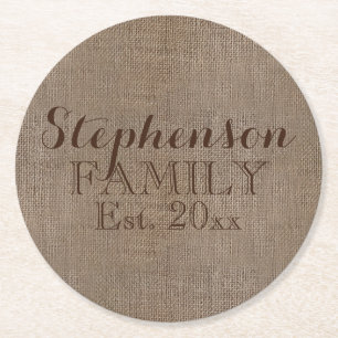 Dessous-de-verre Rond En Papier Nom de famille Burlap Rustic