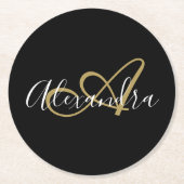 Dessous-de-verre Rond En Papier Nom de script élégant Monogram Black Gold (Devant)