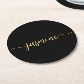 Dessous-de-verre Rond En Papier Nom en monogramme noir et or, écriture chic et sig
