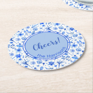 Dessous-de-verre Rond En Papier Nom, Fleurs et Feuilles Tropicales Bleu Cobalt